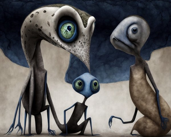 Whimsical creatures against a surreal backdrop