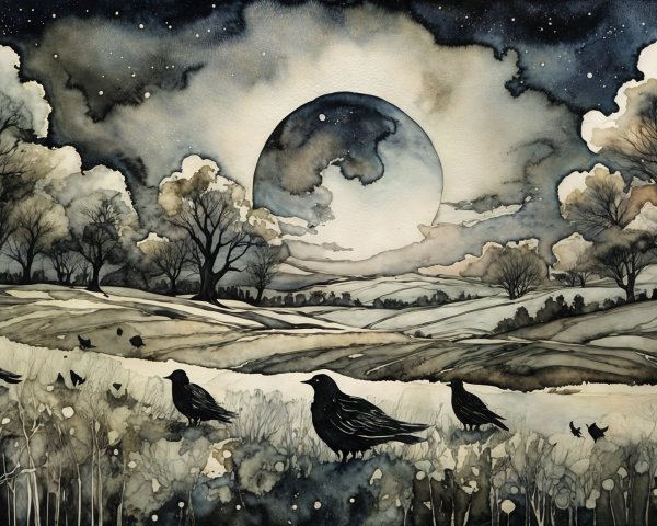 Serene Night Landscape with Moon and Silhouetted Trees