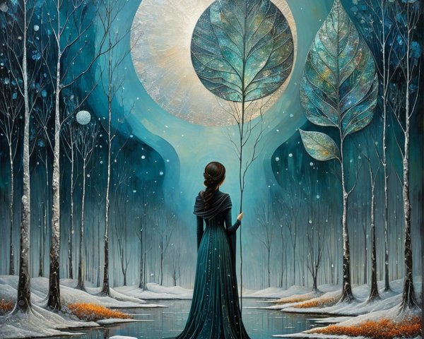 Woman in Dark Dress by Moonlit Waterway Scene