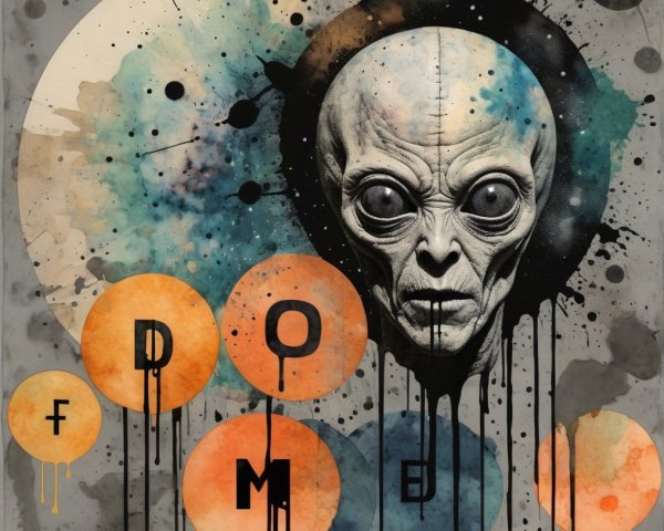 Stylized Alien Head with Cosmic Background and Letters