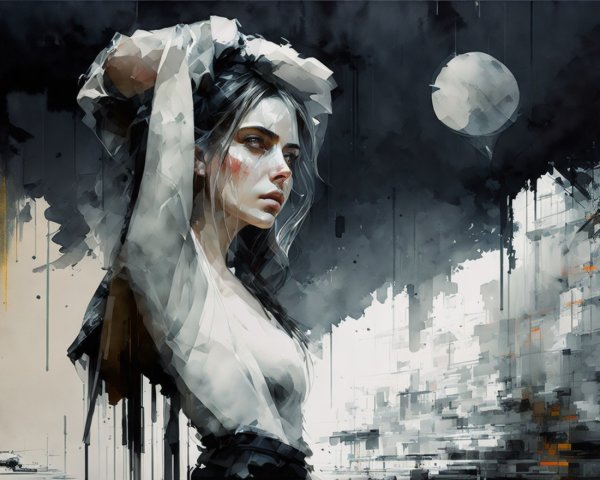 Portrait of a Woman in White Blouse with Abstract Cityscape