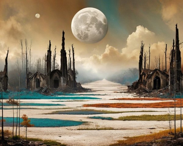 Surreal Landscape with Barren Trees and Moonlit Sky