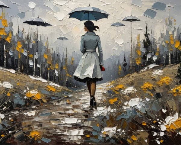 Vibrant Landscape with Woman and Colorful Umbrellas