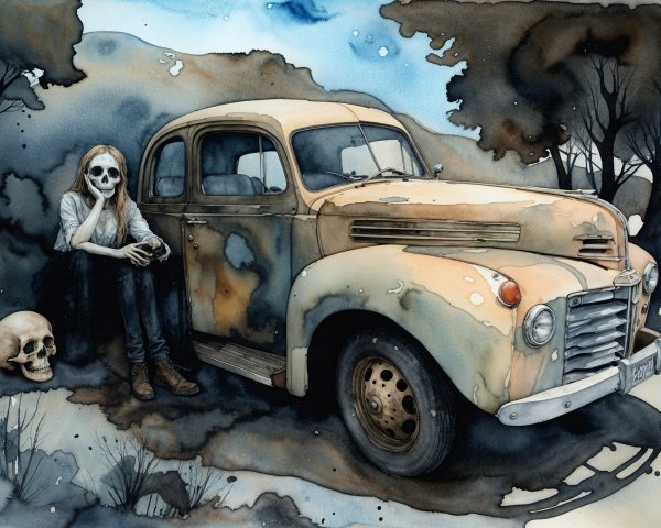 Vintage car in desolate landscape with eerie figure