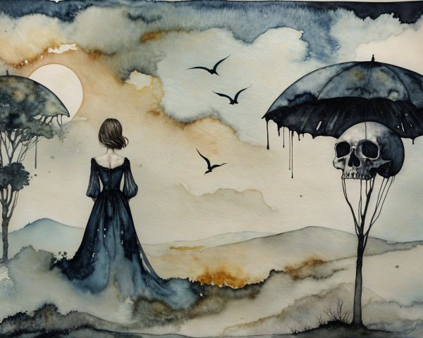 Dreamy Landscape with Figure and Ornate Umbrellas