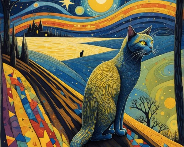 Vibrant Landscape with Cat and Magical Night Sky