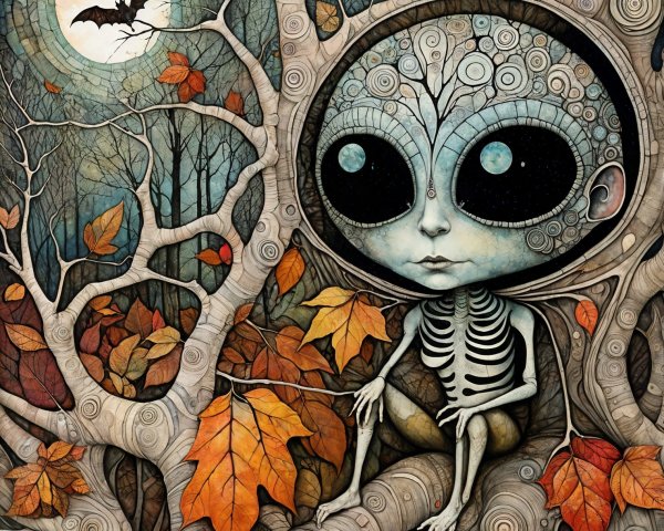 Surreal Scene of a Large-Eyed Figure in a Forest