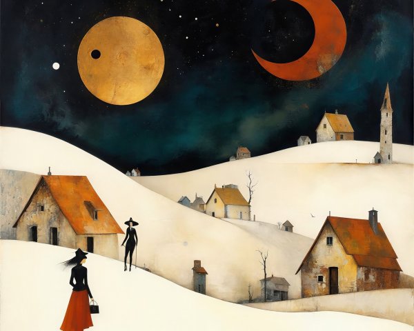 Dreamlike Winter Landscape with Moons and Village Scene