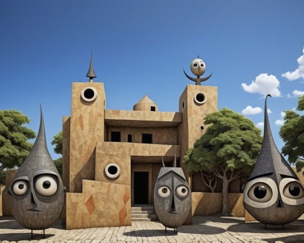 Whimsical Castle Structure with Quirky Characters and Trees