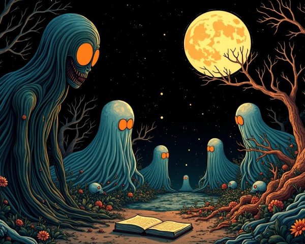 Mystical Gathering of Ghostly Figures Under Moonlight