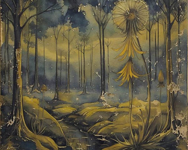 Watercolor Forest Scene with Stylized Plants and Trees