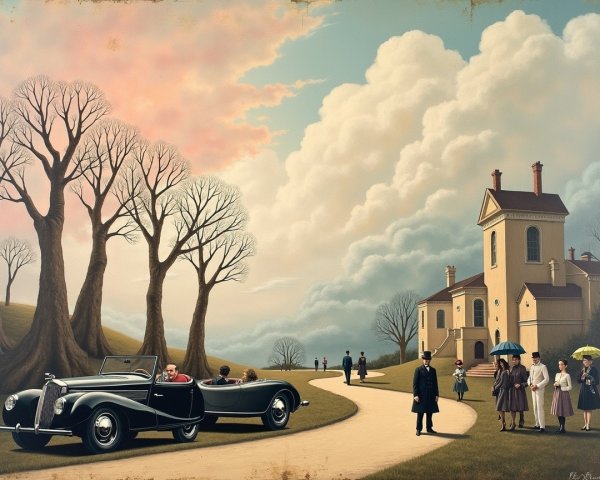 Classic Car by Mansion with Trees and Umbrellas