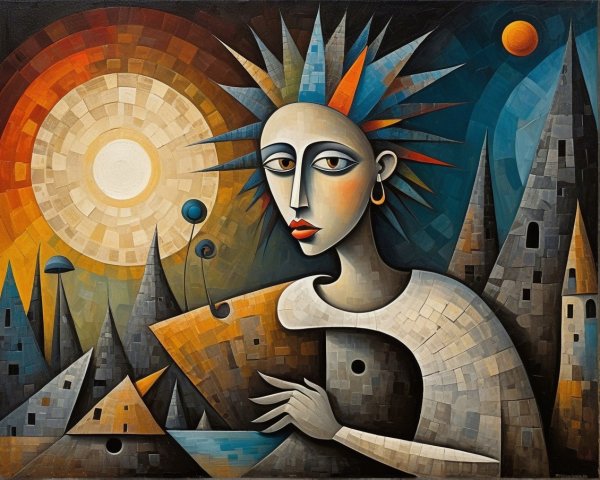 Stylized Figure with Geometric Background and Sun