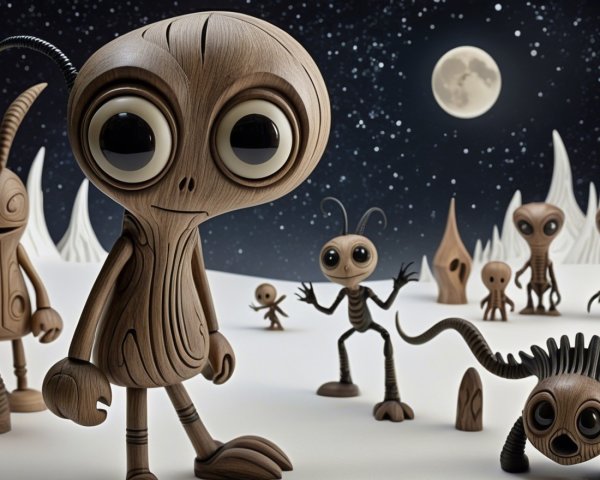 Whimsical Alien Landscape with Stylized Wooden Characters