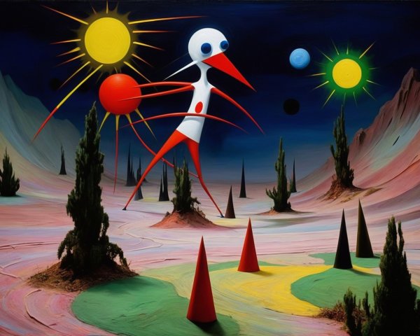 Surrealist painting with humanoid figure in alien landscape