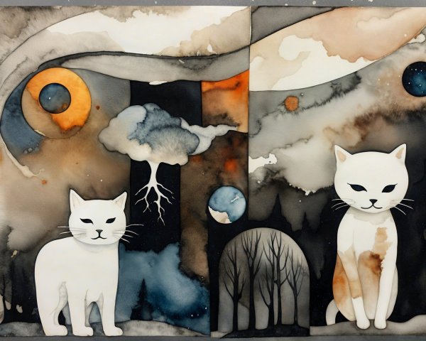 White Cats in Dreamlike Surreal Landscape Art