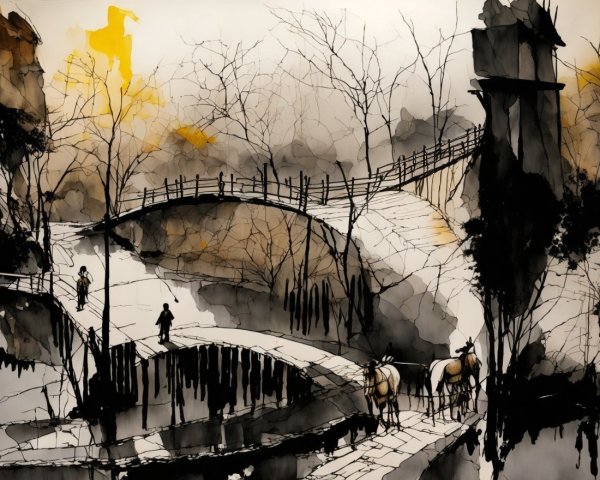 Misty Landscape with Bridges and Silhouetted Trees