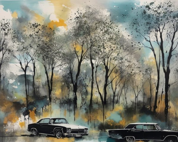 Classic Cars in Tranquil Landscape with Abstract Trees