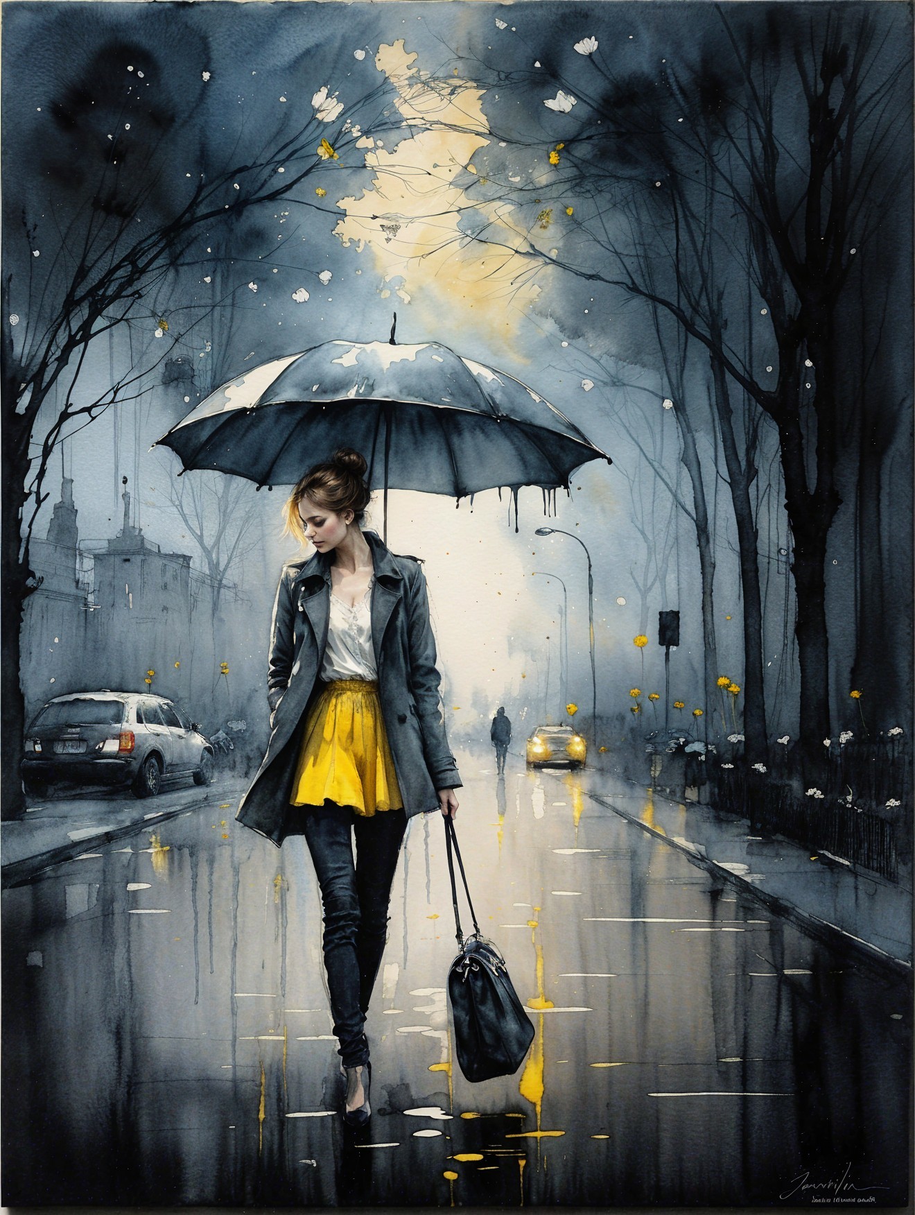 Young woman with umbrella on rainy street scene