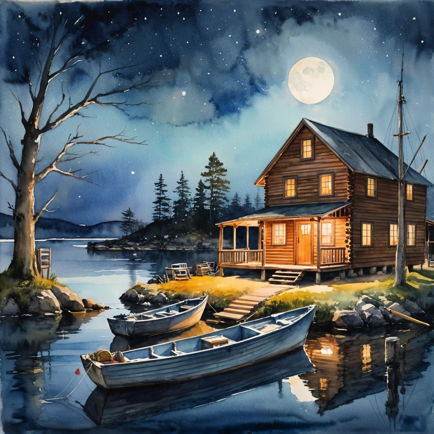 Cozy Wooden House by Tranquil Lake at Night
