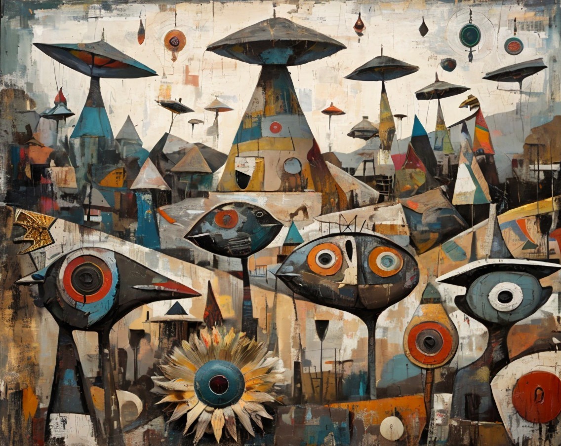 Whimsical Abstract Landscape with Birds and Flowers