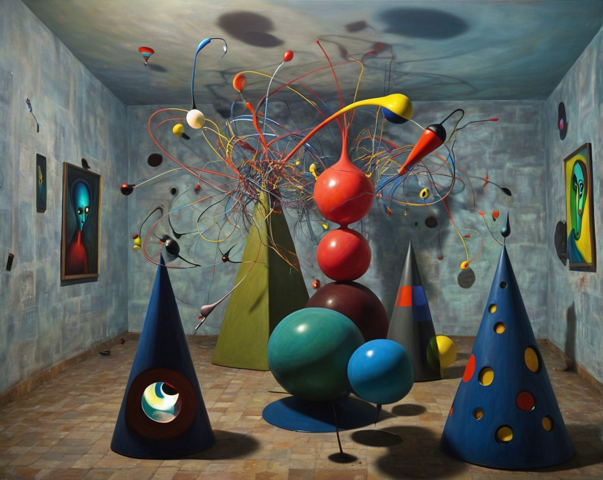 Surreal Indoor Scene with Abstract Sculpture and Shapes
