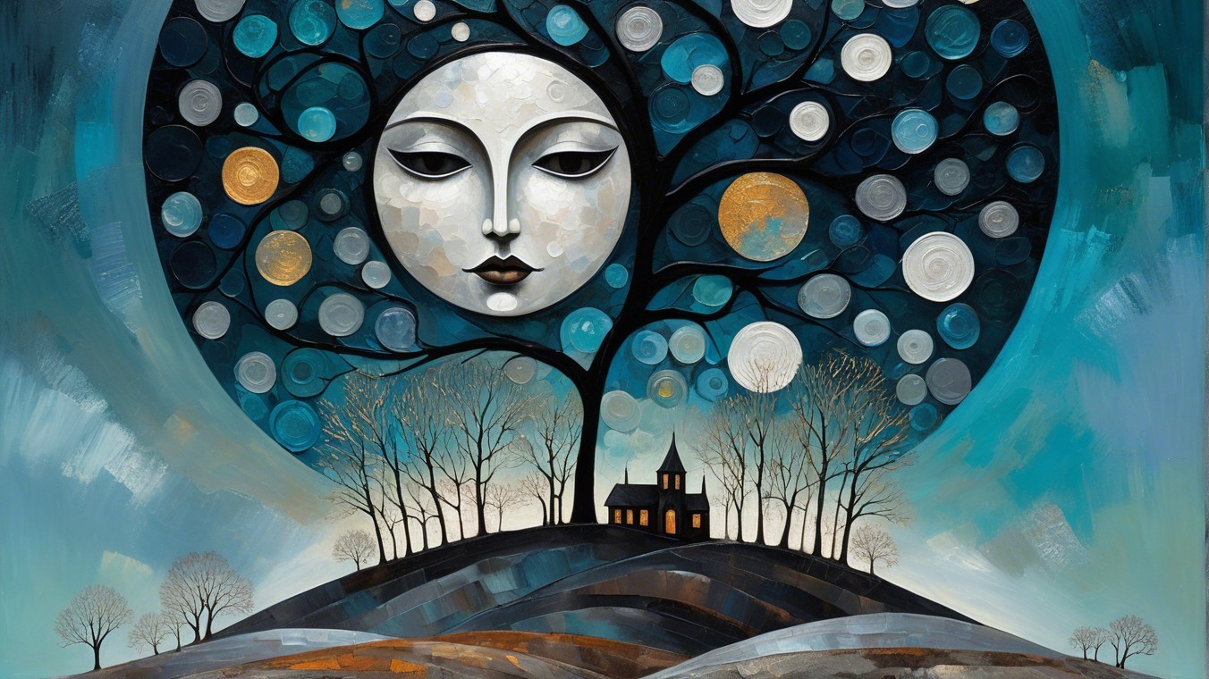 Serene Face in Tree with Starry Sky and Church Silhouette