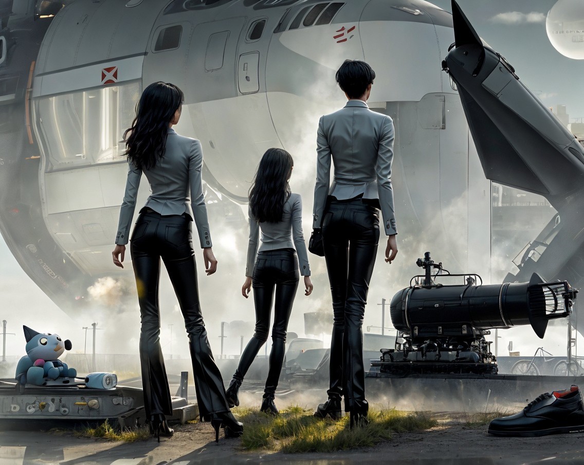 Figures in Fitted Outfits with Futuristic Spaceship