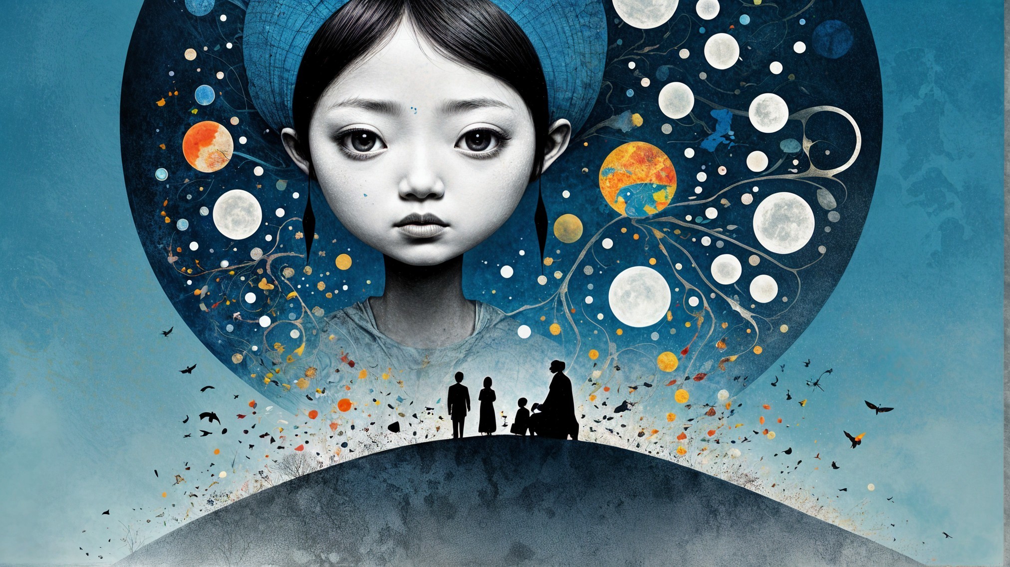 Stylized Large-Faced Girl with Celestial Background