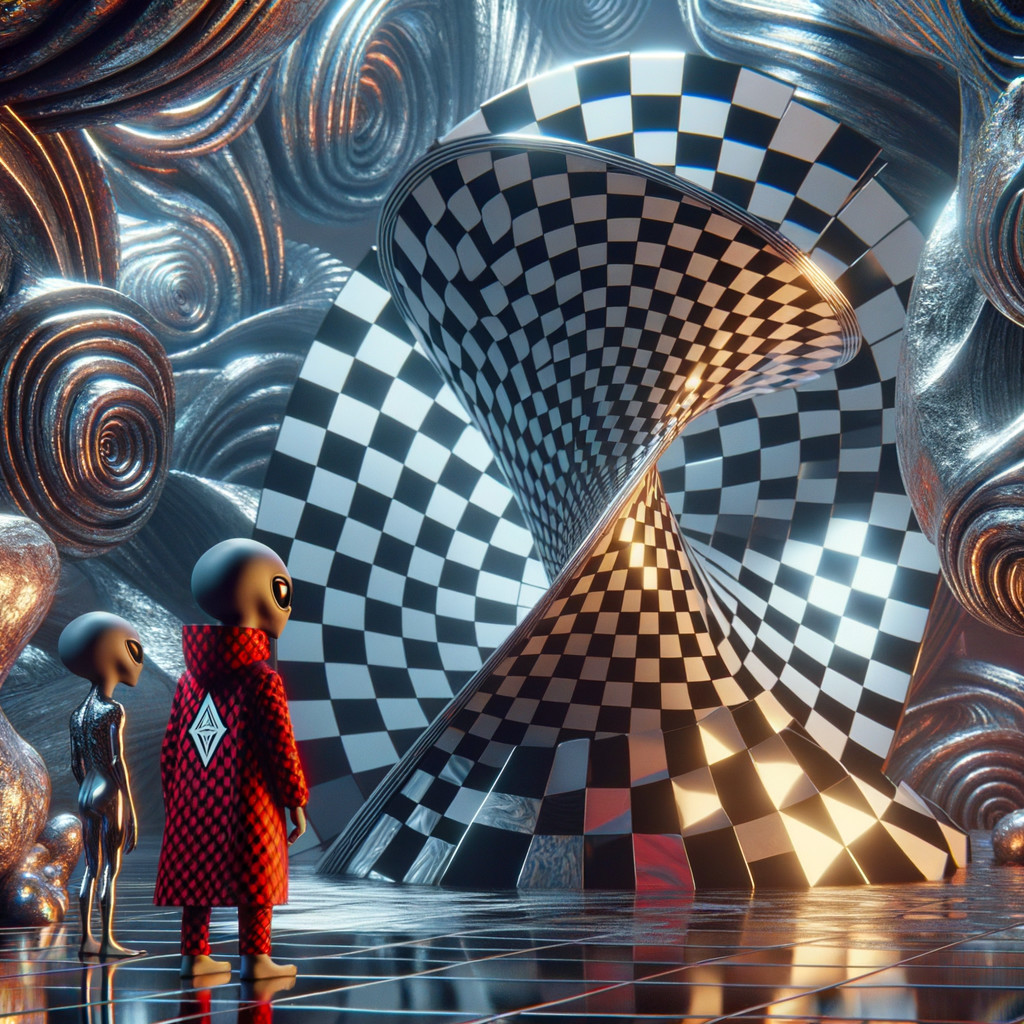 Surreal Alien Figures in Glossy Checkerboard Setting