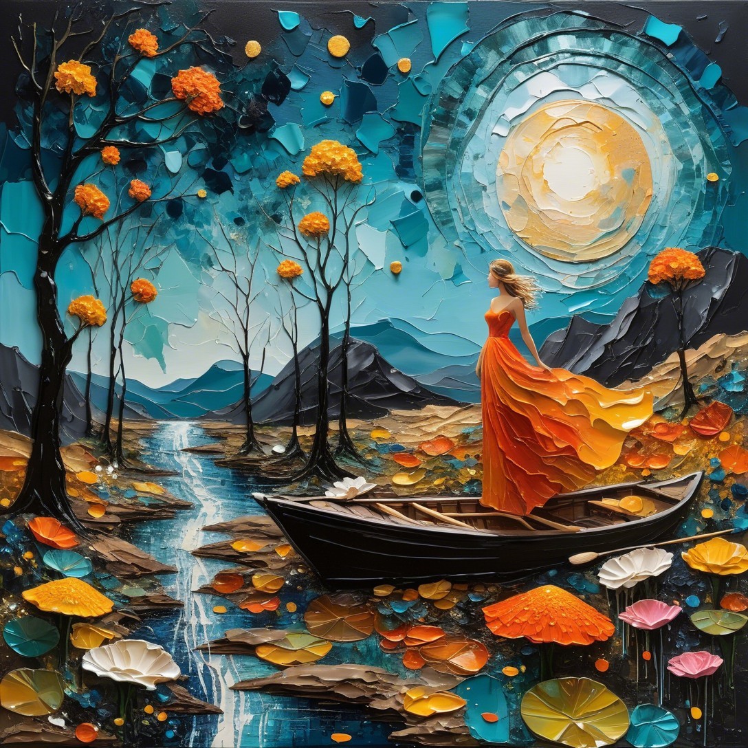 Fantastical Landscape with Woman in Rowboat and Moon