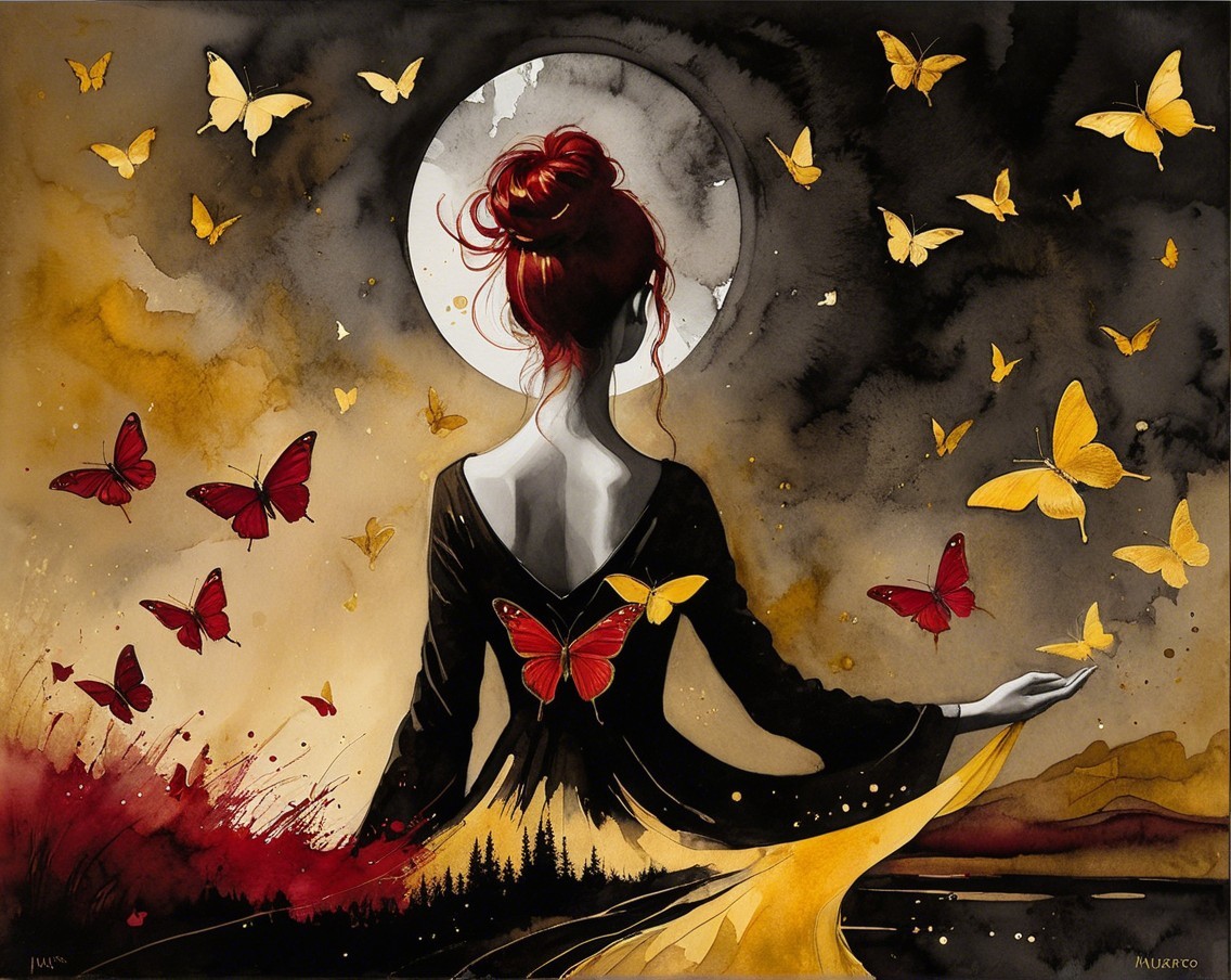 Silhouette of a Woman Surrounded by Butterflies and Moon