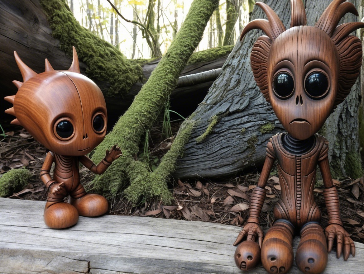 Wooden Figurines in a Lush Forest Setting