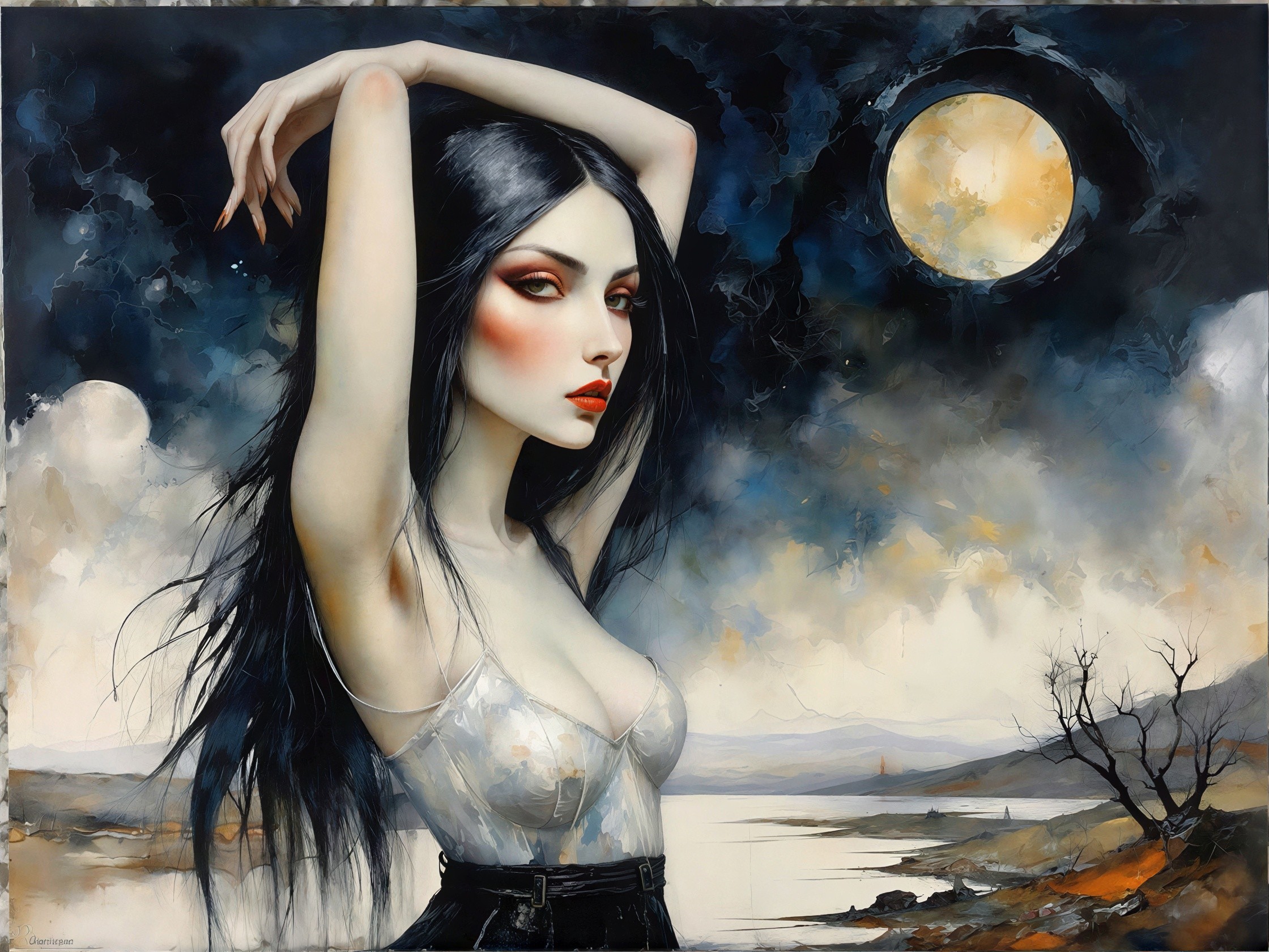 Seductive Woman in Dark Landscape with Full Moon