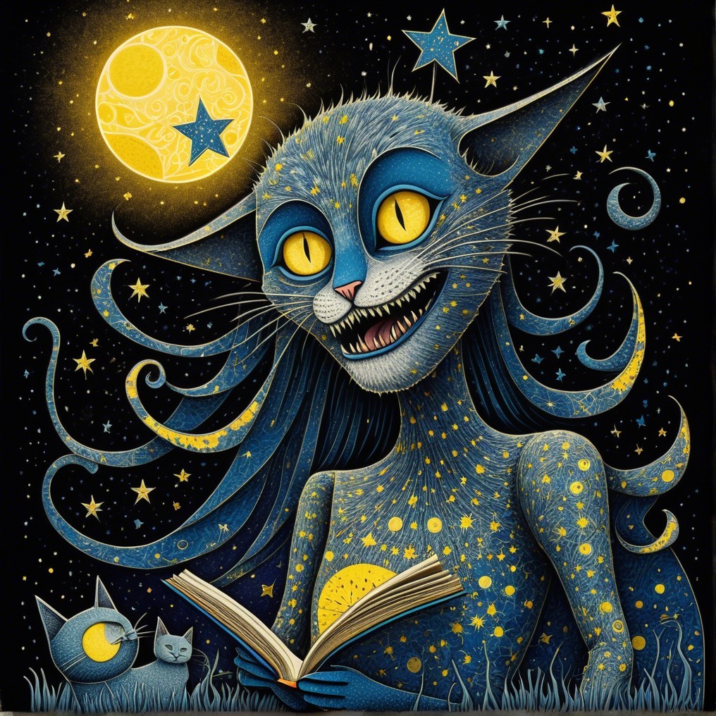 Whimsical Blue-Skinned Cat Reading Under Starry Sky