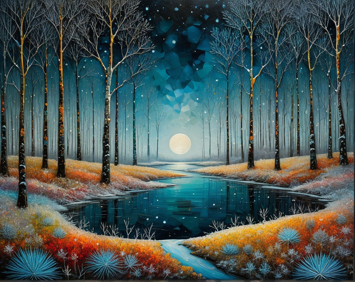 Serene Winter Landscape with Moonlit River and Trees