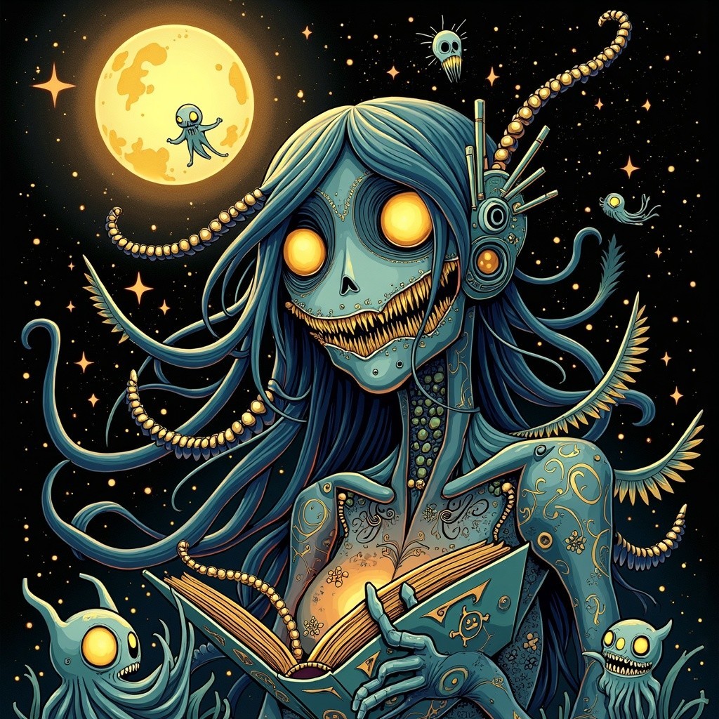 Eerie Figure with Glowing Eyes and Whimsical Creatures