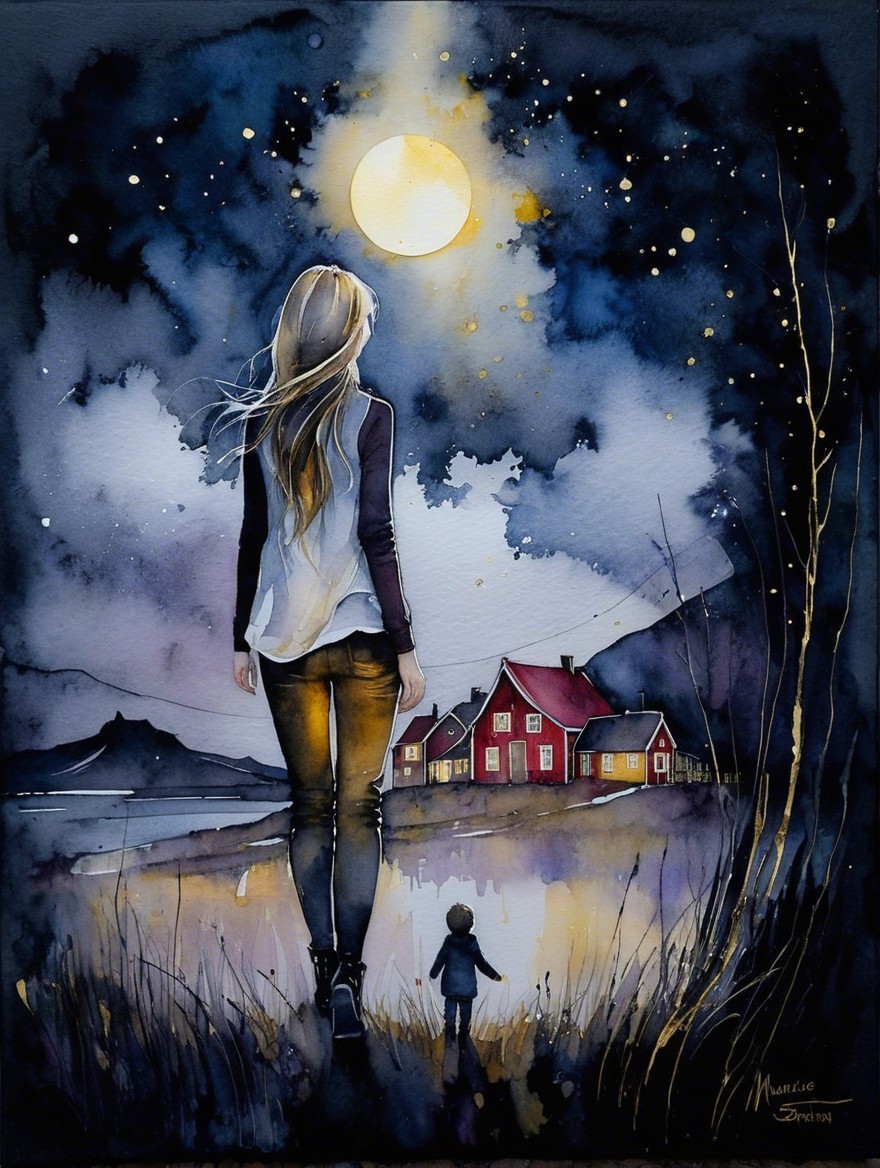 Woman and Child in Dreamlike Moonlit Landscape