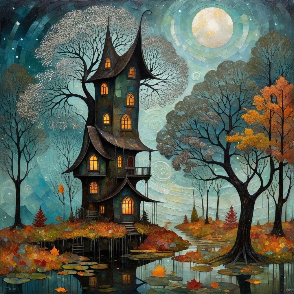 Whimsical Dark Green House by Tranquil Autumn Lake