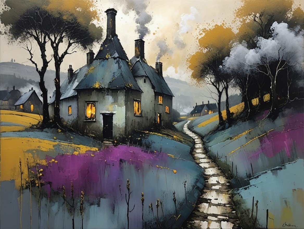 Charming Landscape with Quaint Houses and Rolling Hills