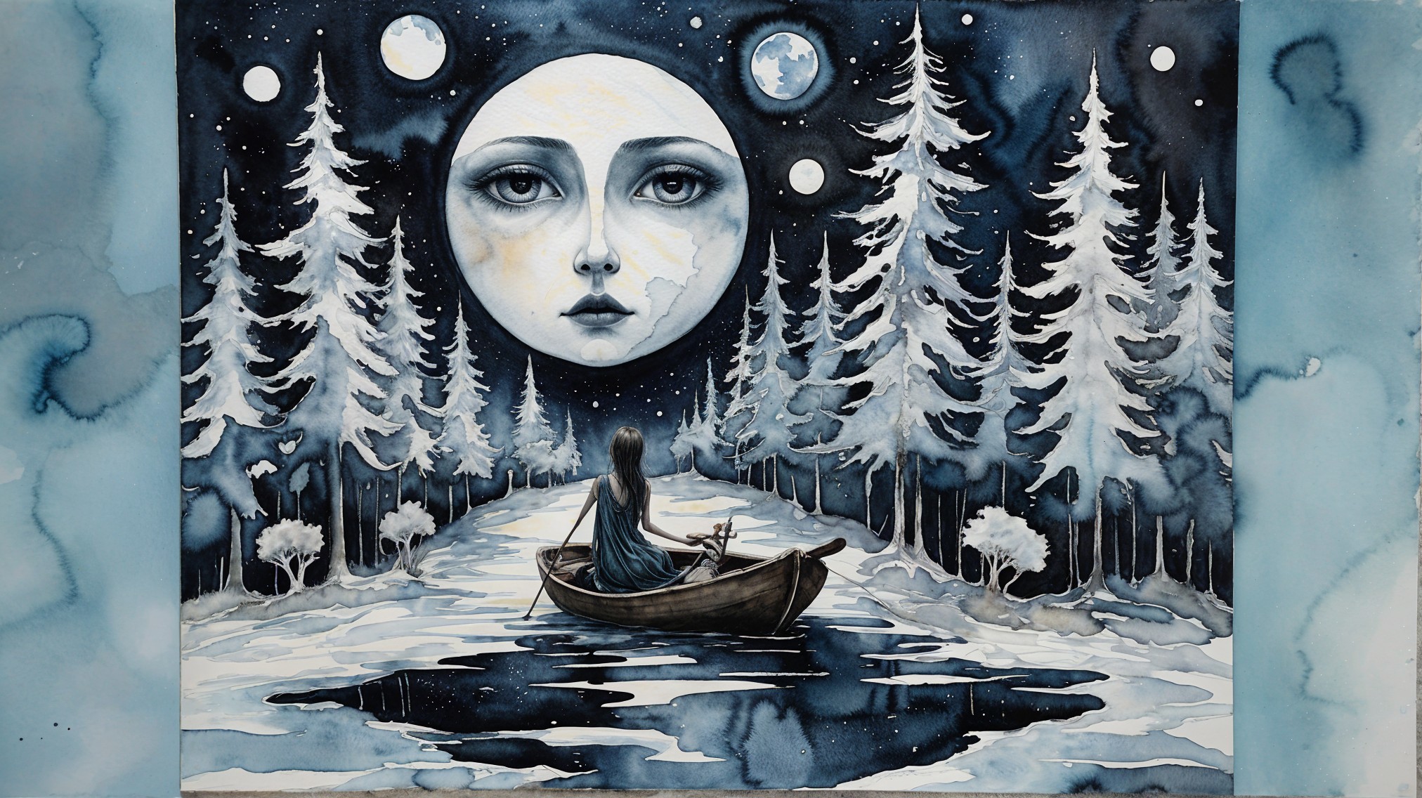 Moonlit River Journey Through a Snowy Landscape