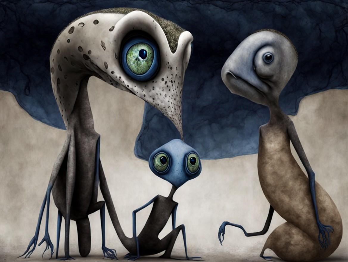 Whimsical creatures against a surreal backdrop