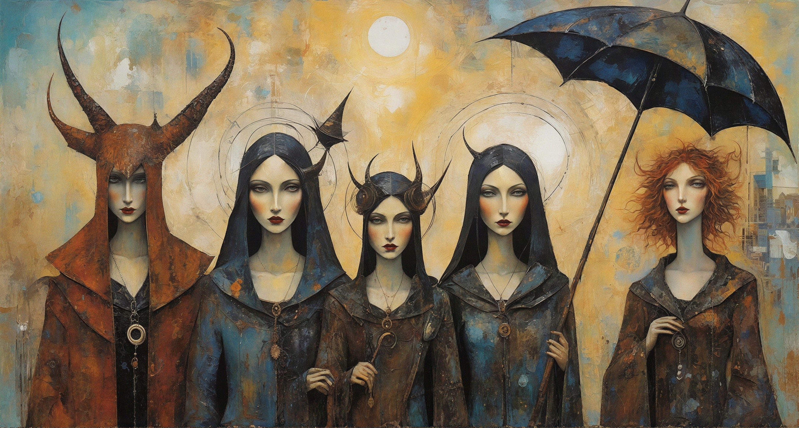 Five Stylized Women Against Abstract Yellow and Blue Background