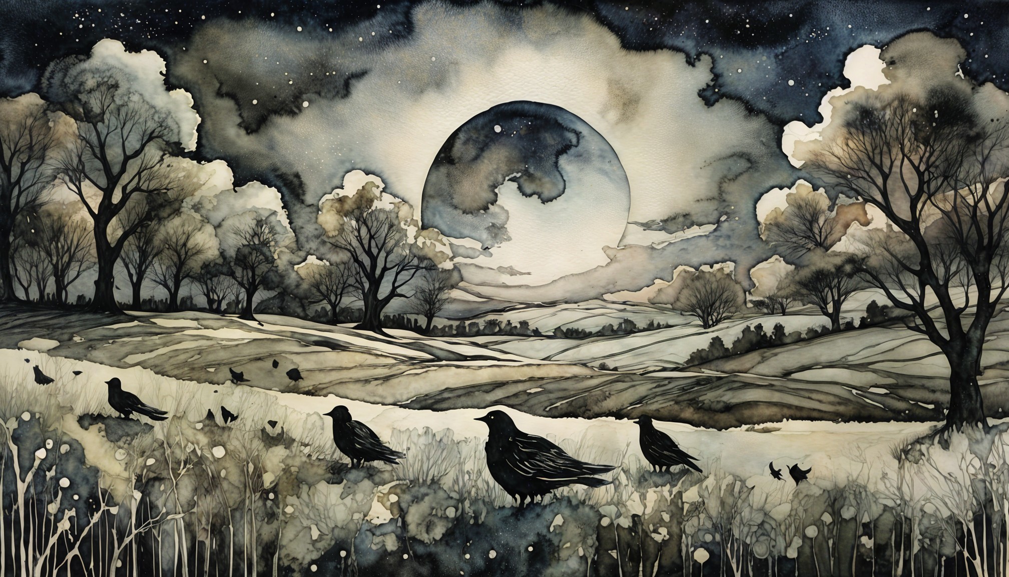 Serene Night Landscape with Moon and Silhouetted Trees