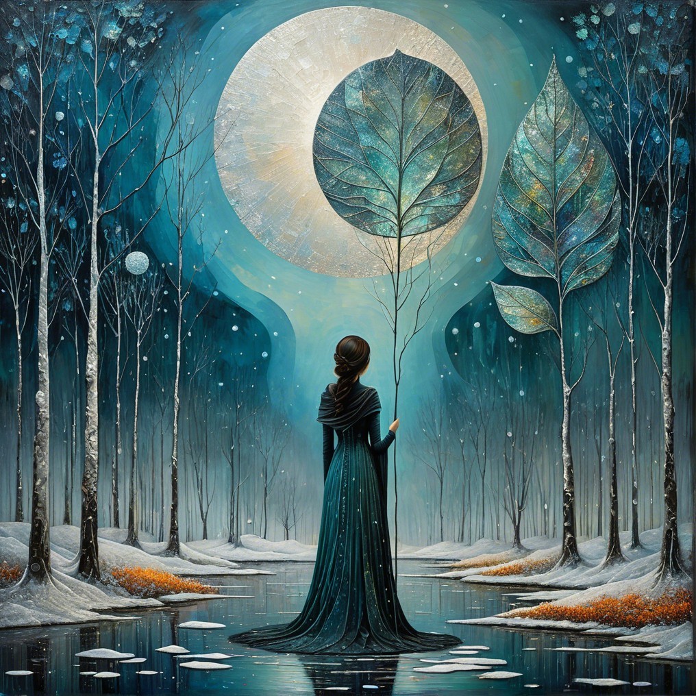 Woman in Dark Dress by Moonlit Waterway Scene