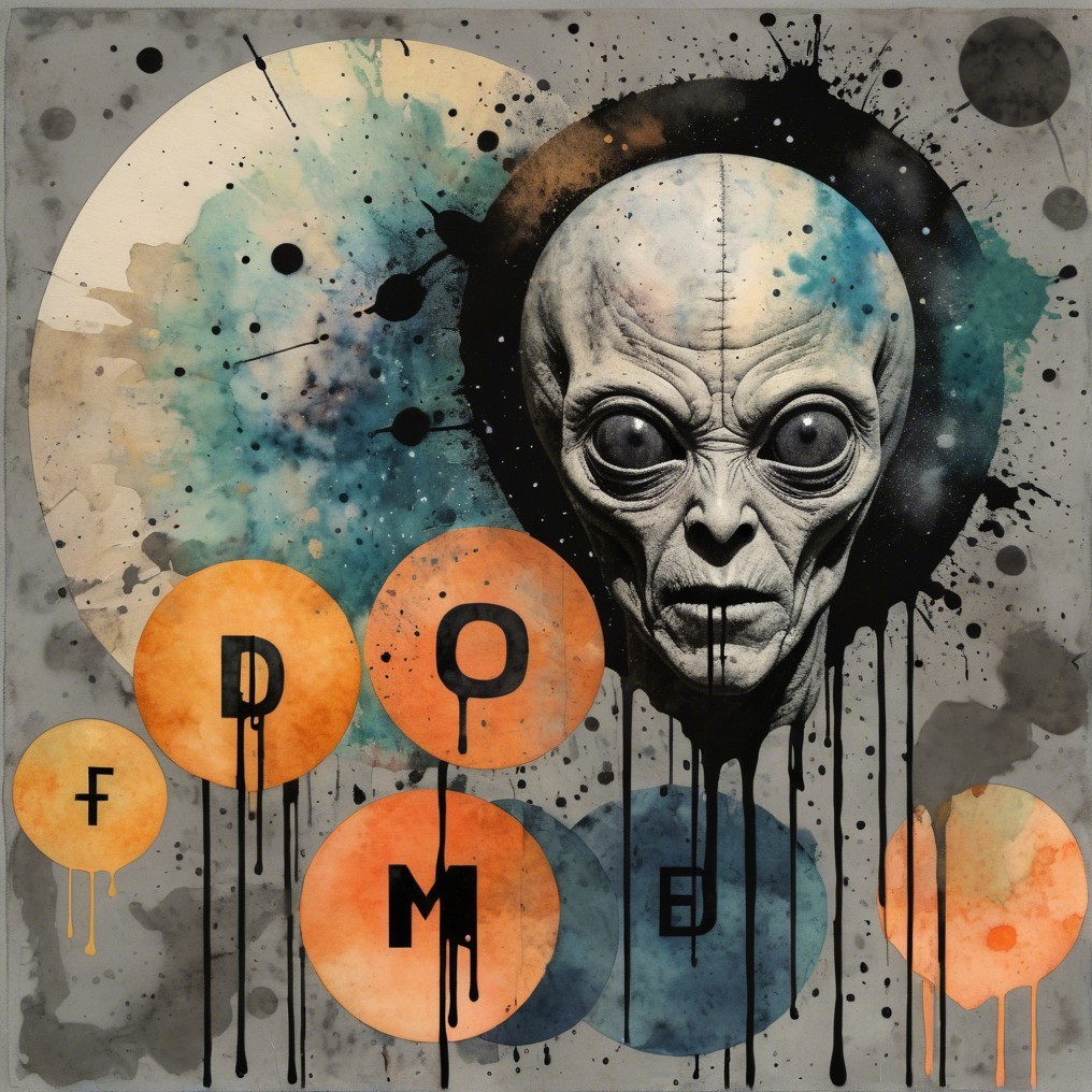 Stylized Alien Head with Cosmic Background and Letters