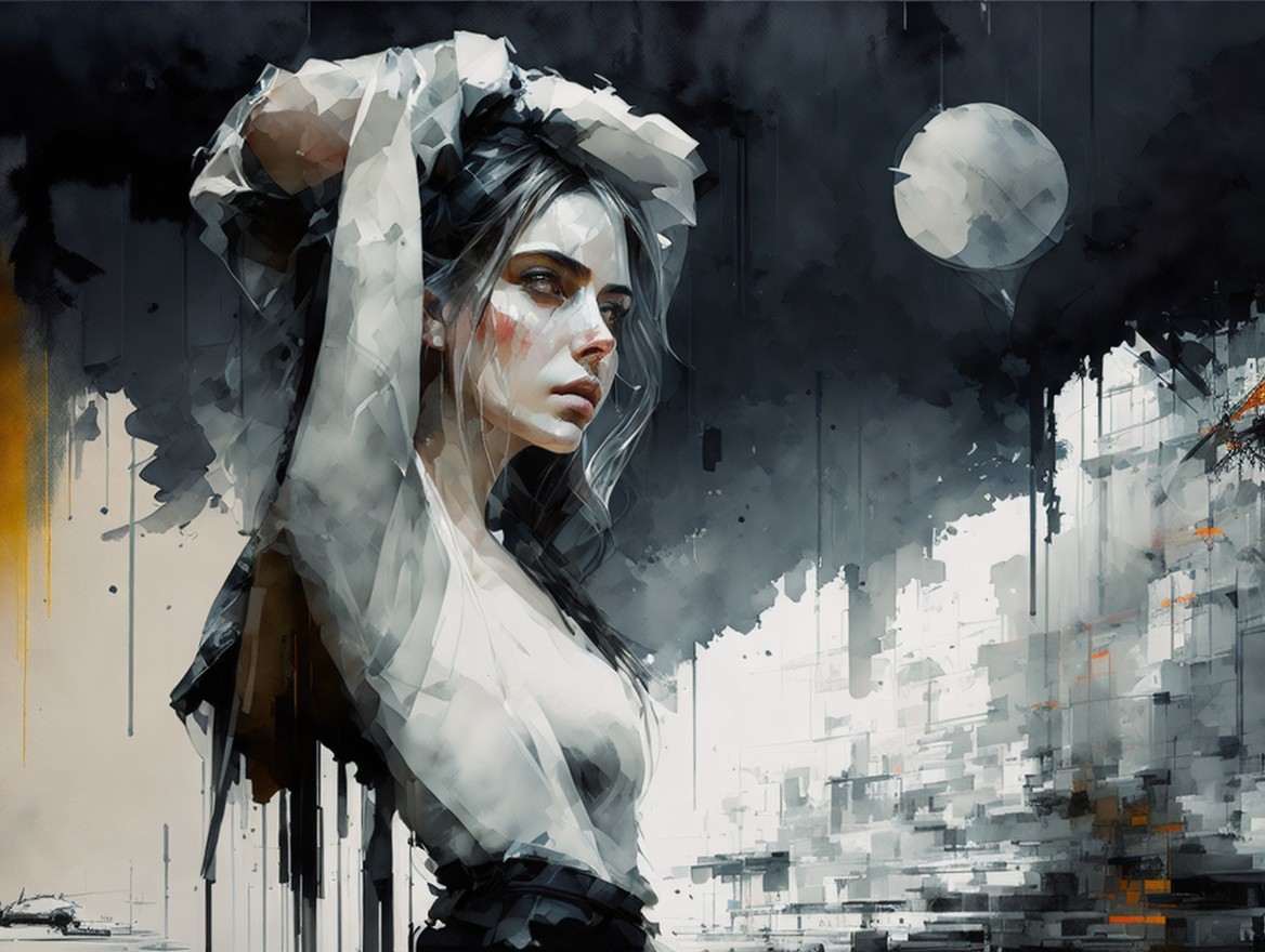 Portrait of a Woman in White Blouse with Abstract Cityscape