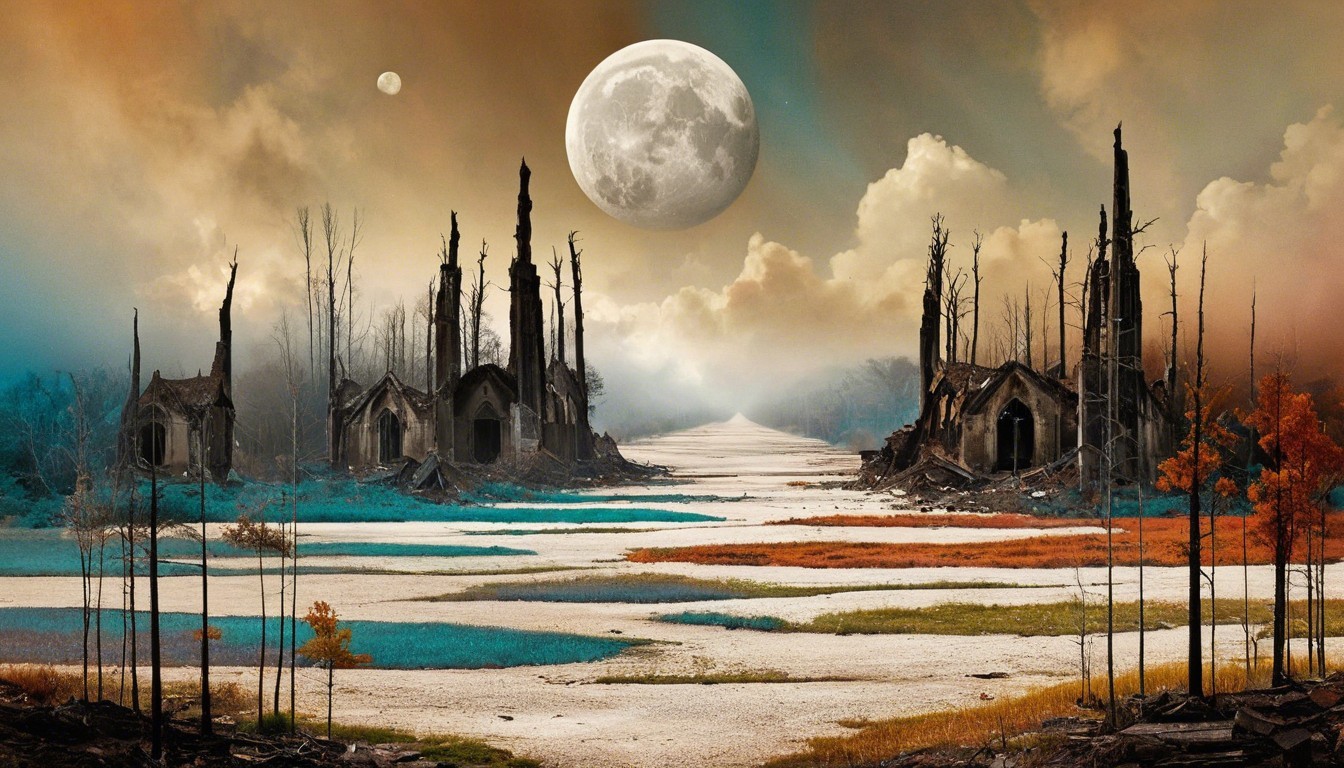 Surreal Landscape with Barren Trees and Moonlit Sky