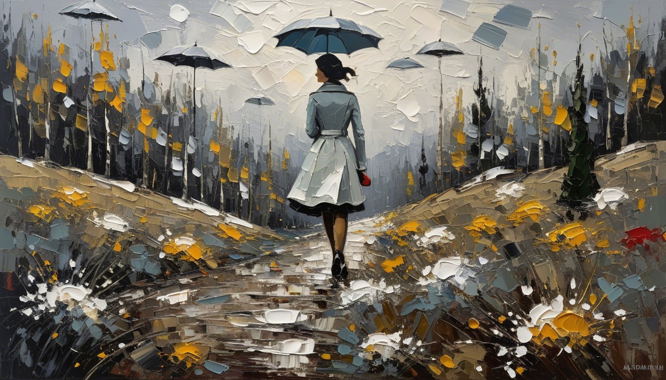 Vibrant Landscape with Woman and Colorful Umbrellas