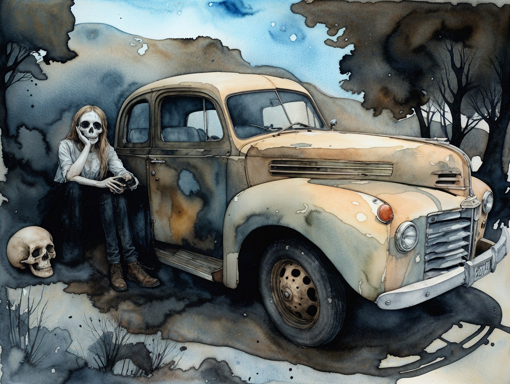 Vintage car in desolate landscape with eerie figure